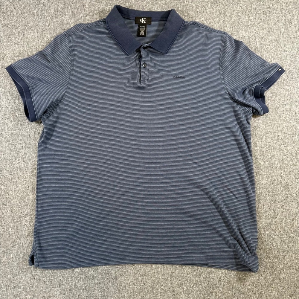 Calvin Klein Mens Polo Shirt XL‎ Blue Striped Cotton Short Sleeve CK Casual Top